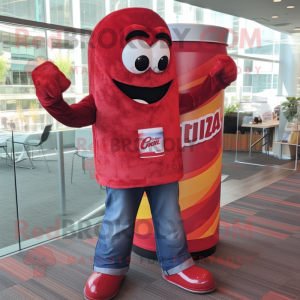 Red Soda Can mascot costume character dressed with a Button-Up Shirt and Wraps