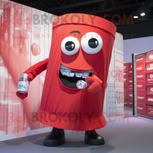 Red Soda Can mascot costume character dressed with a Button-Up Shirt and Wraps