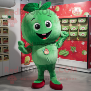 Green Strawberry mascot costume character dressed with a Henley Shirt and Shoe clips