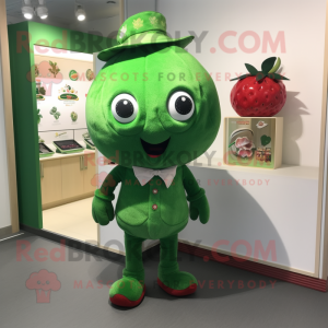 Green Strawberry mascot costume character dressed with a Henley Shirt and Shoe clips