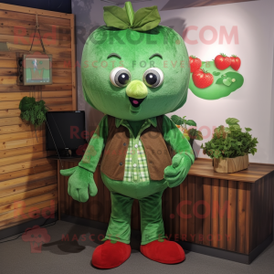 Green Strawberry mascot costume character dressed with a Henley Shirt and Shoe clips