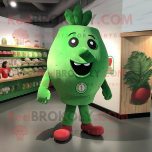 Green Strawberry mascot costume character dressed with a Henley Shirt and Shoe clips