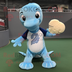 Sky Blue Diplodocus mascot costume character dressed with a Baseball Tee and Clutch bags