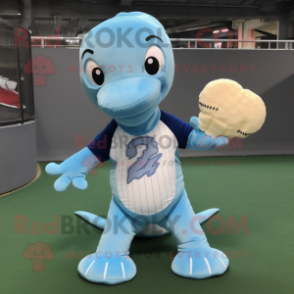 Sky Blue Diplodocus mascot costume character dressed with a Baseball Tee and Clutch bags