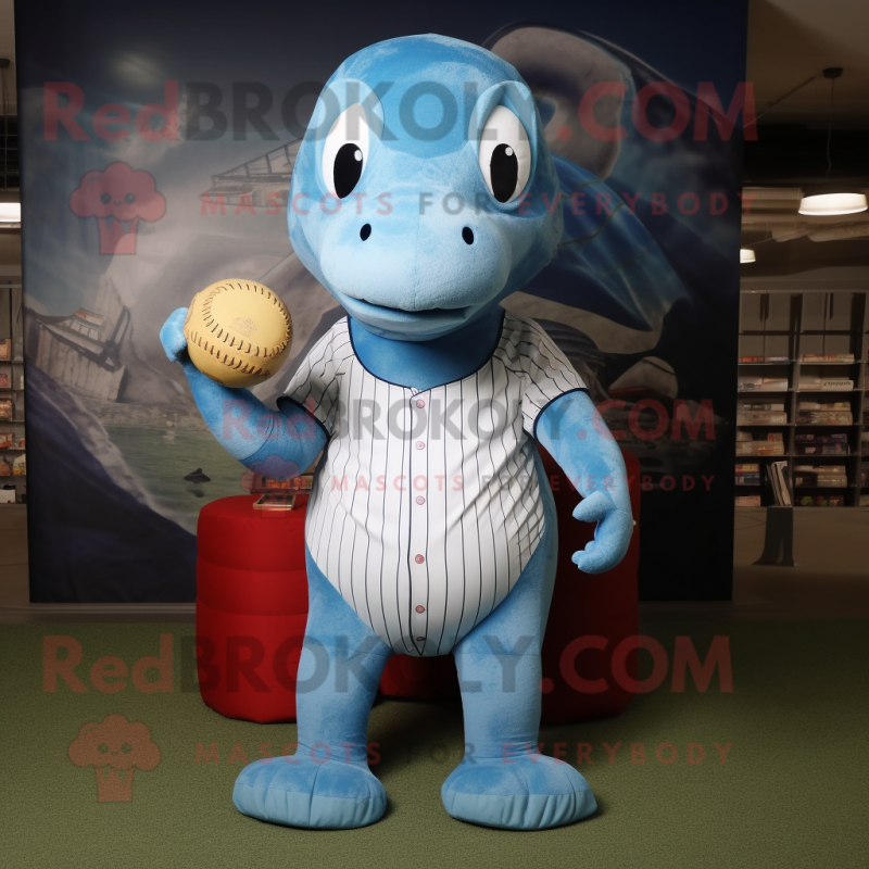 Sky Blue Diplodocus mascot costume character dressed with a Baseball Tee and Clutch bags