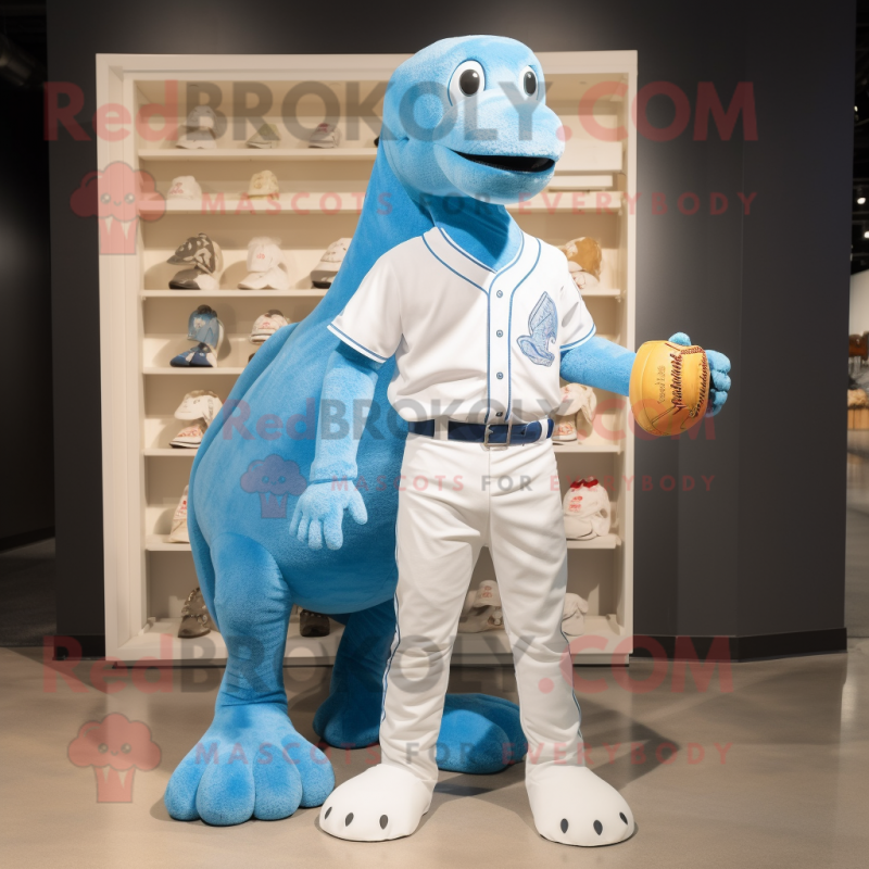 Sky Blue Diplodocus mascot costume character dressed with a Baseball Tee and Clutch bags