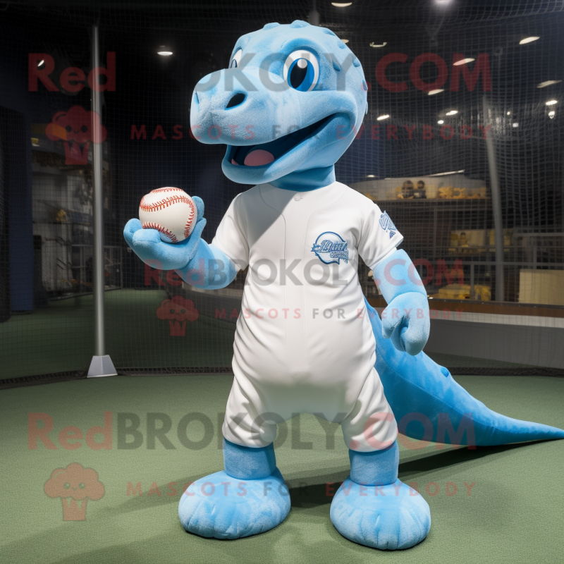 Sky Blue Diplodocus mascot costume character dressed with a Baseball Tee and Clutch bags