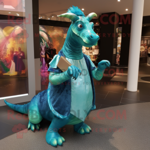 Turquoise Parasaurolophus mascot costume character dressed with a Romper and Clutch bags