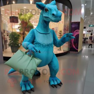 Turquoise Parasaurolophus mascot costume character dressed with a Romper and Clutch bags