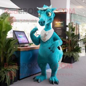 Turquoise Parasaurolophus mascot costume character dressed with a Romper and Clutch bags