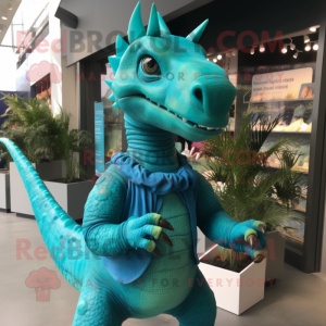 Turquoise Parasaurolophus mascot costume character dressed with a Romper and Clutch bags