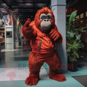 Maroon Orangutan mascot costume character dressed with a Tank Top and Gloves