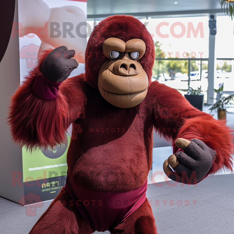 Maroon Orangutan mascot costume character dressed with a Tank Top and Gloves