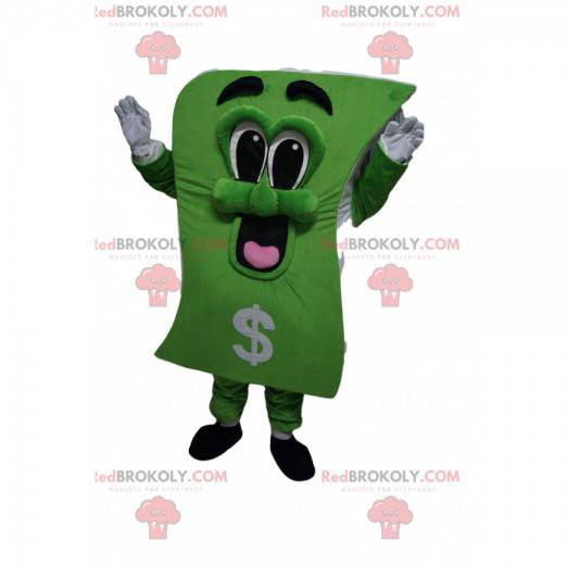 Mascotte de billet de banque très enjoué. Costume de billet de