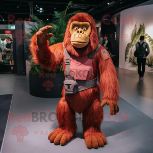 Maroon Orangutan mascot costume character dressed with a Tank Top and Gloves