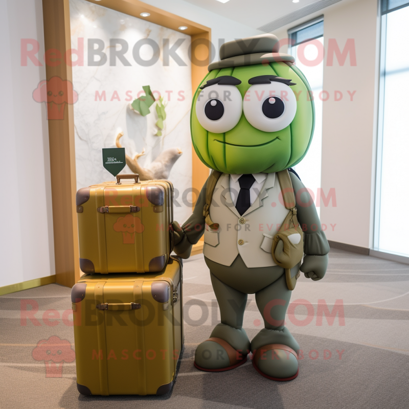 Olive Wedding Cake mascot costume character dressed with a Romper and Briefcases Olive Wedding Cake mascot costume character dressed with a Romper and Briefcases