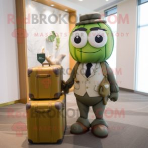 Olive Wedding Cake mascot costume character dressed with a Romper and Briefcases
