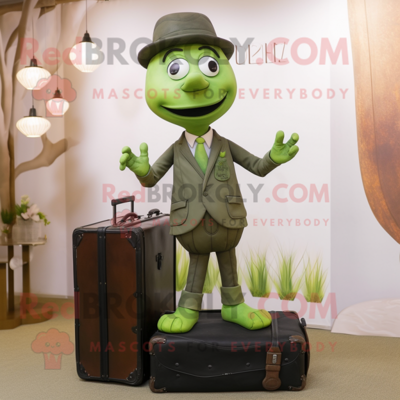 Olive Wedding Cake mascot costume character dressed with a Romper and Briefcases Olive Wedding Cake mascot costume character dressed with a Romper and Briefcases