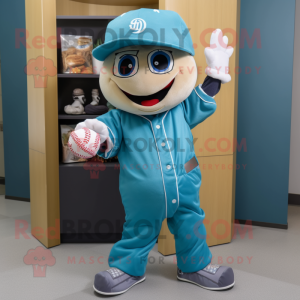 Turquoise Baseball Ball mascot costume character dressed with a Bootcut Jeans and Earrings