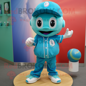 Turquoise Baseball Ball mascot costume character dressed with a Bootcut Jeans and Earrings