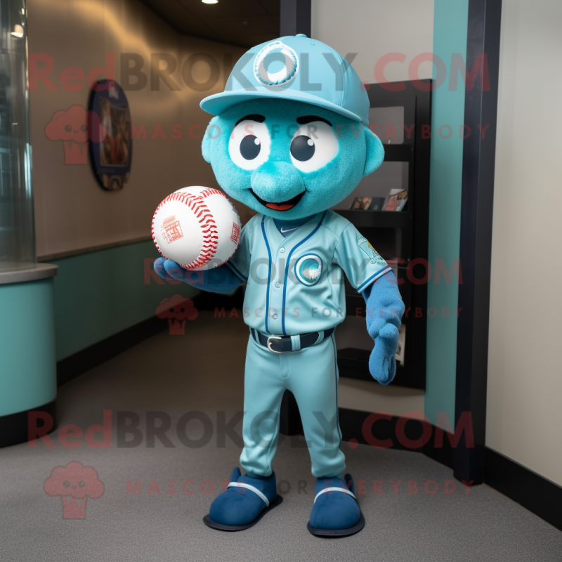 Turquoise Baseball Ball mascot costume character dressed with a Bootcut Jeans and Earrings Turquoise Baseball Ball mascot costume character dressed with a Bootcut Jeans and Earrings
