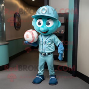 Turquoise Baseball Ball mascot costume character dressed with a Bootcut Jeans and Earrings