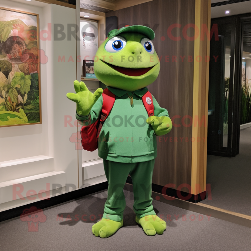 nan Frog mascot costume character dressed with a Polo Shirt and Mittens