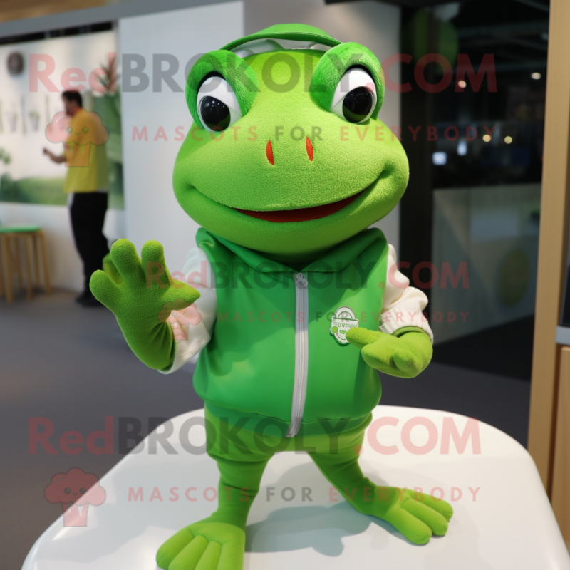 nan Frog mascot costume character dressed with a Polo Shirt and Mittens