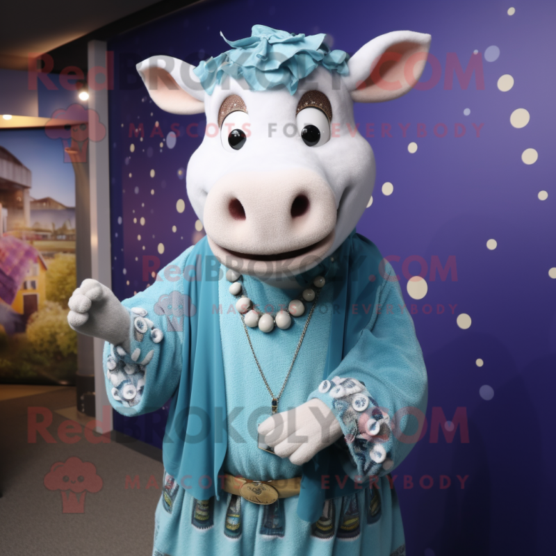Sky Blue Hereford Cow mascot costume character dressed with a Cardigan and Bracelets Sky Blue Hereford Cow mascot costume character dressed with a Cardigan and Bracelets