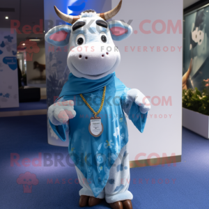 Sky Blue Hereford Cow mascot costume character dressed with a Cardigan and Bracelets