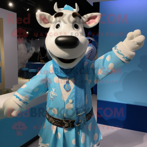 Sky Blue Hereford Cow mascot costume character dressed with a Cardigan and Bracelets