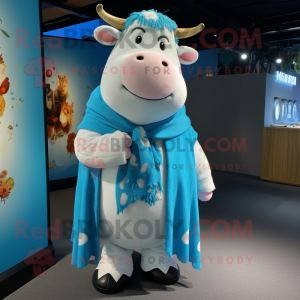 Sky Blue Hereford Cow mascot costume character dressed with a Cardigan and Bracelets