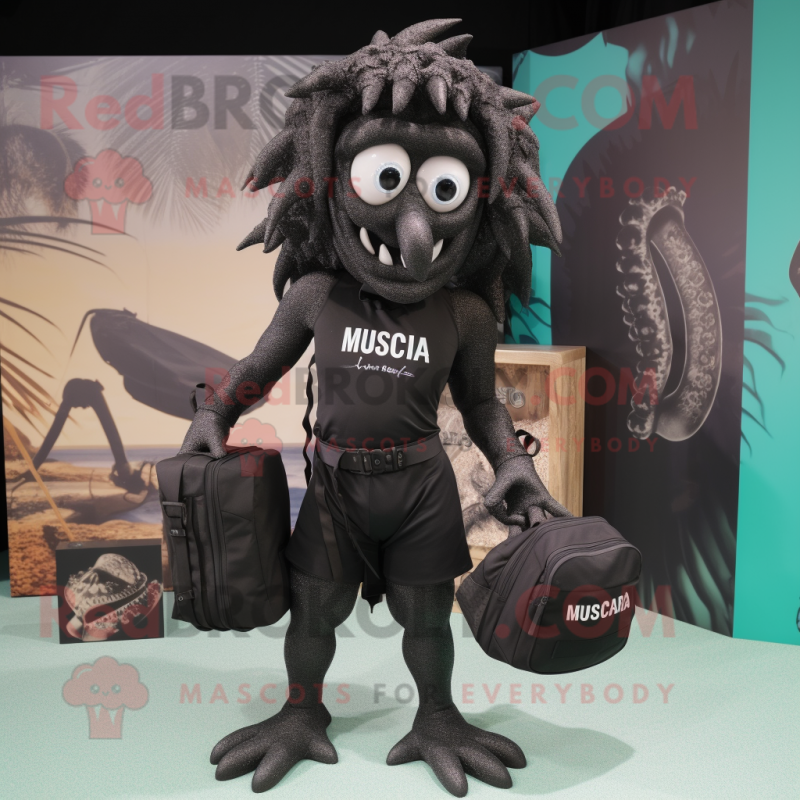 Black Medusa mascot costume character dressed with a Board Shorts and Messenger bags Black Medusa mascot costume character dressed with a Board Shorts and Messenger bags