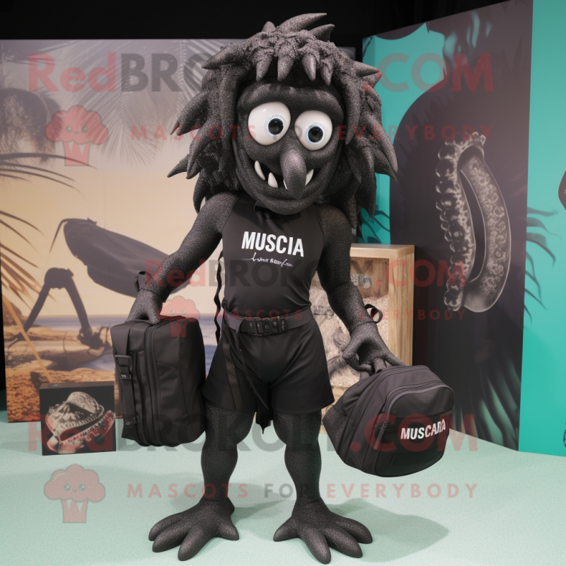 Black Medusa mascot costume character dressed with a Board Shorts and Messenger bags