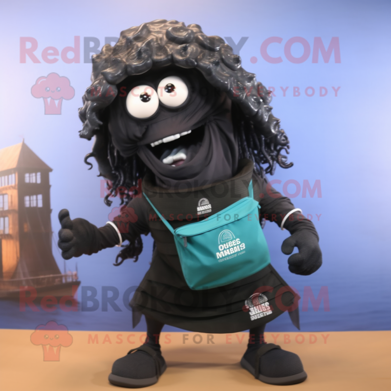 Black Medusa mascot costume character dressed with a Board Shorts and Messenger bags Black Medusa mascot costume character dressed with a Board Shorts and Messenger bags