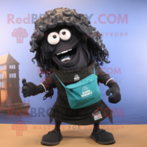 Black Medusa mascot costume character dressed with a Board Shorts and Messenger bags