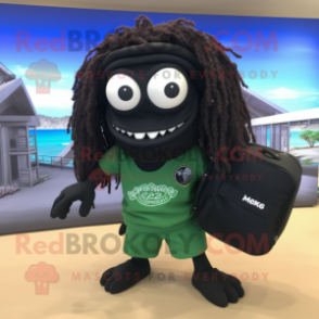 Black Medusa mascot costume character dressed with a Board Shorts and Messenger bags