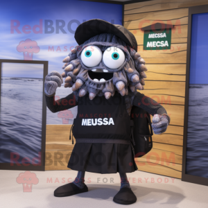 Black Medusa mascot costume character dressed with a Board Shorts and Messenger bags