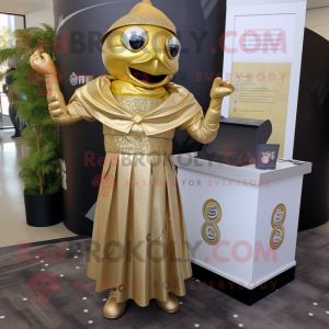 Gold Gyro mascot costume character dressed with a Sheath Dress and Necklaces
