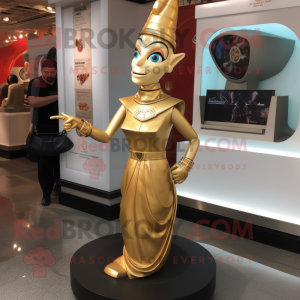 Gold Gyro mascot costume character dressed with a Sheath Dress and Necklaces