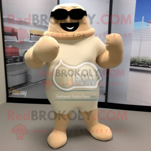 Beige Boxing Glove mascot costume character dressed with a Maxi Dress and Sunglasses