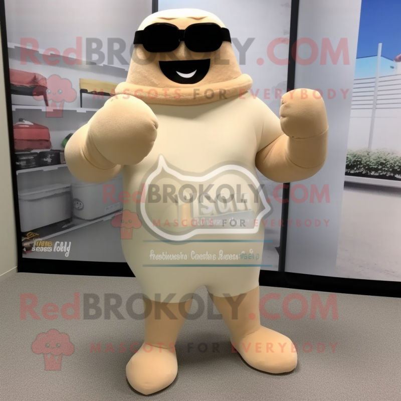 Beige Boxing Glove mascot costume character dressed with a Maxi Dress and Sunglasses Beige Boxing Glove mascot costume character dressed with a Maxi Dress and Sunglasses