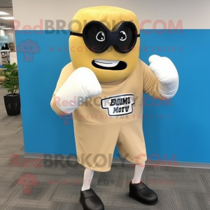 Beige Boxing Glove mascot costume character dressed with a Maxi Dress and Sunglasses