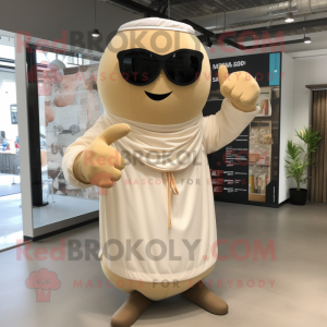 Beige Boxing Glove mascot costume character dressed with a Maxi Dress and Sunglasses
