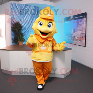 Gold Fish And Chips mascot costume character dressed with a Vest and Beanies