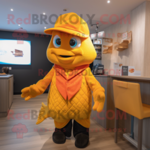 Gold Fish And Chips mascot costume character dressed with a Vest and Beanies