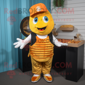 Gold Fish And Chips mascot costume character dressed with a Vest and Beanies