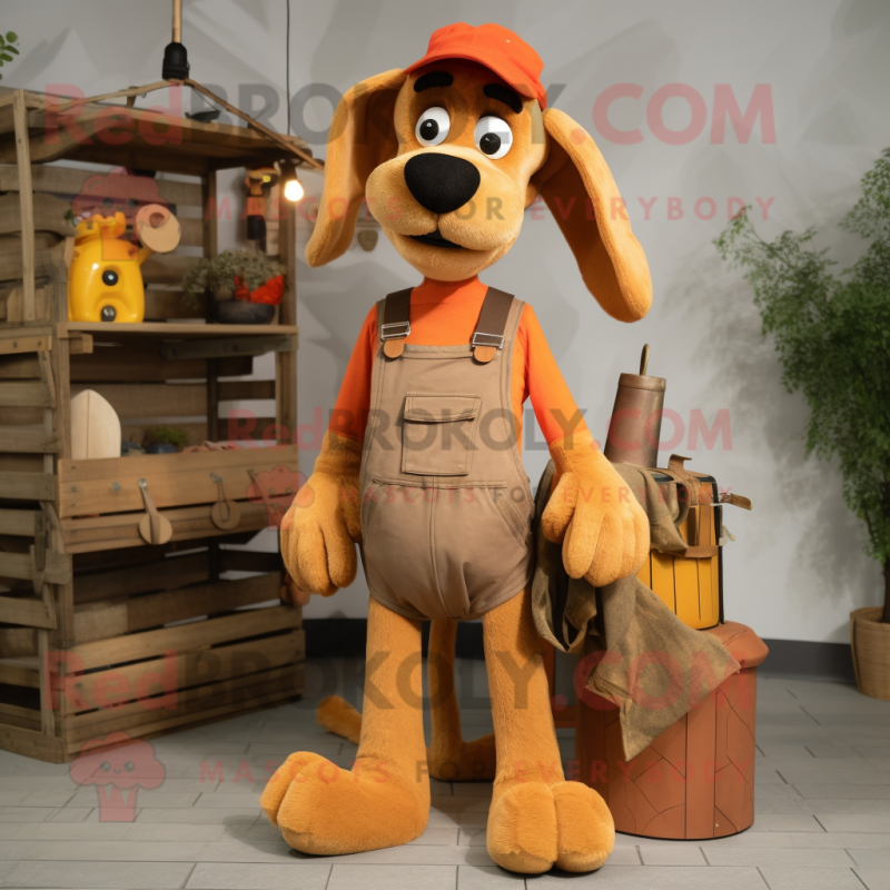 Rust Dog mascot costume character dressed with a Dungarees and Tote bags