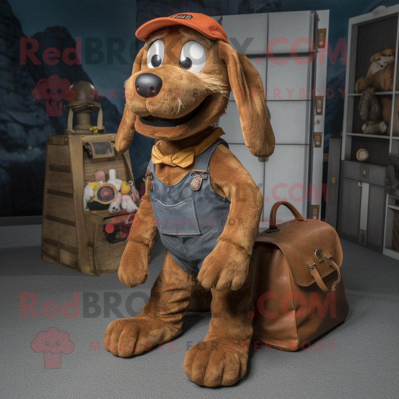 Rust Dog mascot costume character dressed with a Dungarees and Tote bags