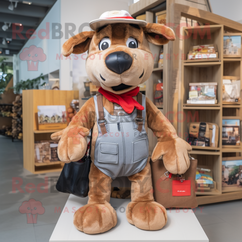 Rust Dog mascot costume character dressed with a Dungarees and Tote bags